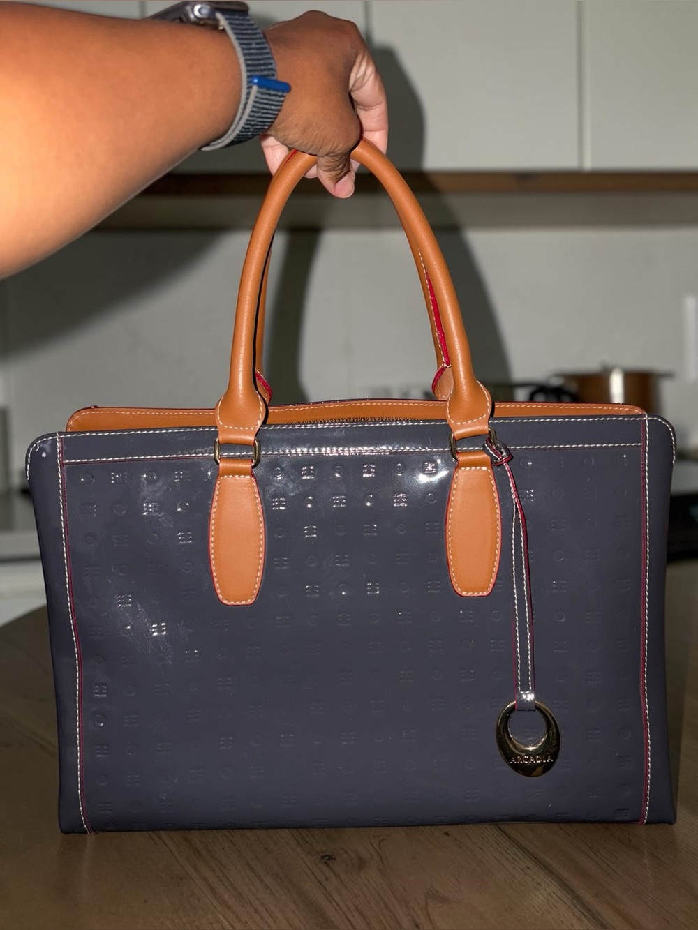 Arcadia Two-Tone Patent Satchel in Dark Gray and Tan